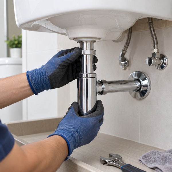 Plumber installing a chrome bottle trap beneath a basin