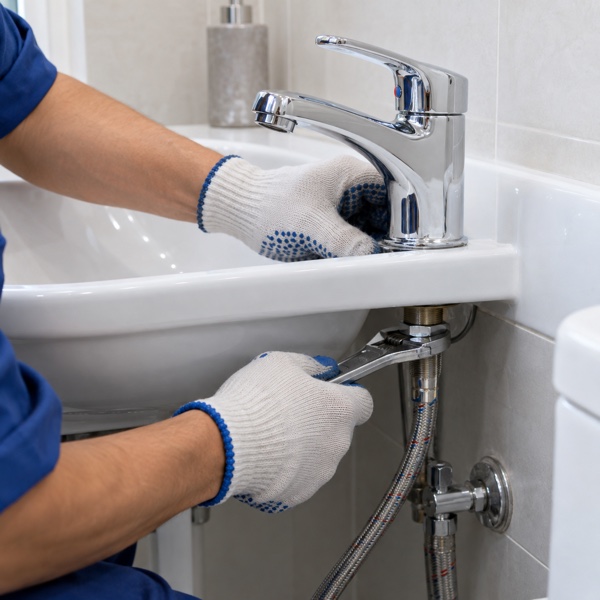 Plumber repairing a chrome basin mixer tap