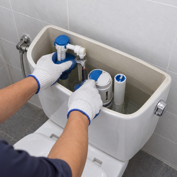 Plumber adjusting the mechanism inside a toilet cistern
